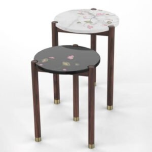 Lotus Floral Inlay Nesting Side Tables – Set of 2