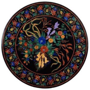 Black Marble Floral Inlay Round Table Top